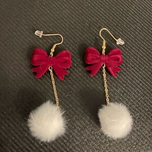 Christmas Red Bow and White Pom Pom Earrings